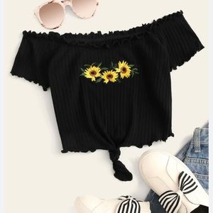 SHEIN of the shoulder lettuce trim sunflower embroidered crop top